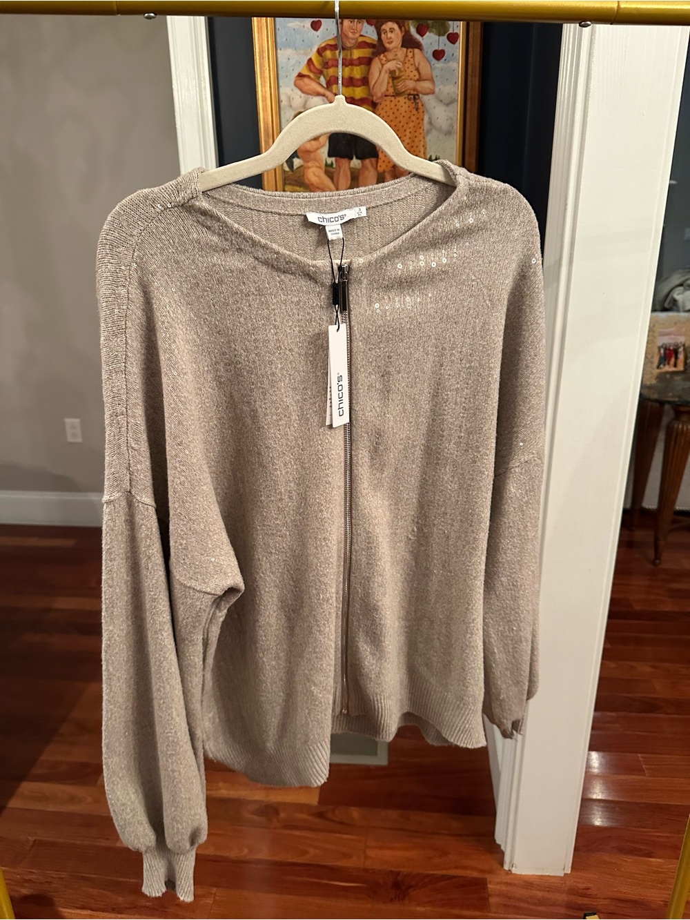 Chico's Shimmer Taupe Zip-Front Cardigan